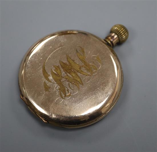 A 1920s gold plated Rolex hunter keyless pocket watch, with Arabic dial and subsidiary seconds.